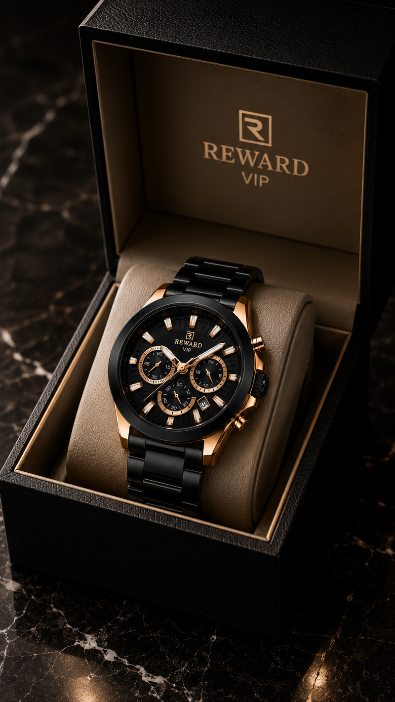 REWARD VIP Chronograph — Black & Rose Gold. detail view